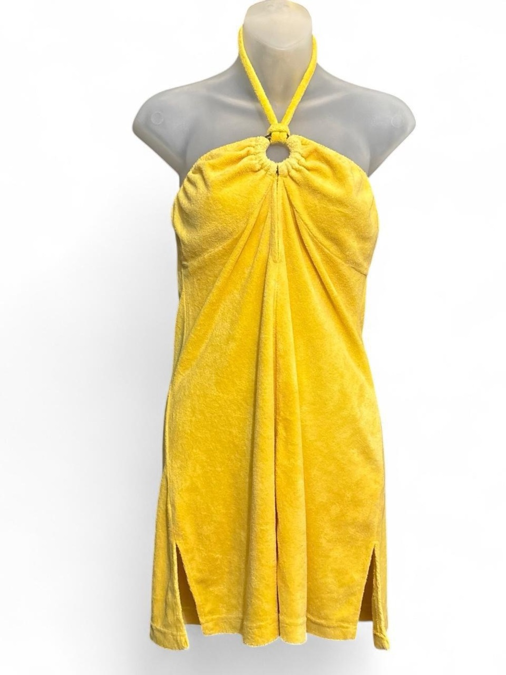 Echo Yellow halter terry cloth mini dress  Coverup with ring detail